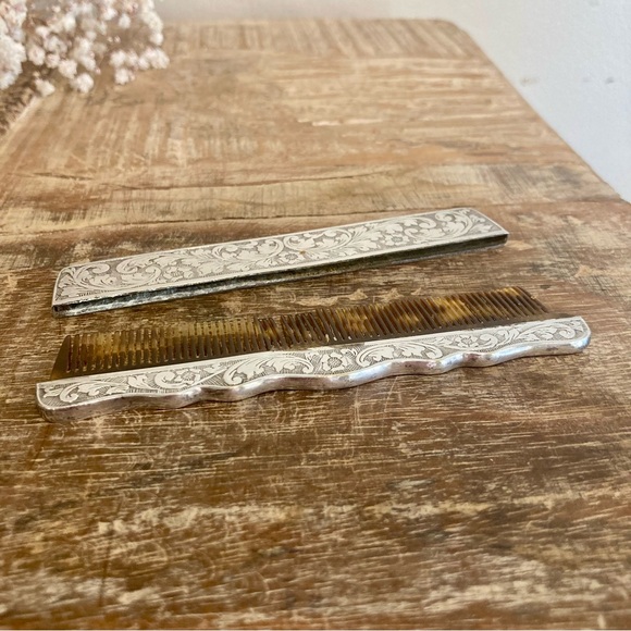 Antique Silver Plated Gold Engraved Comb Box Made in Denmark Flower Pattern - Picture 8 of 14